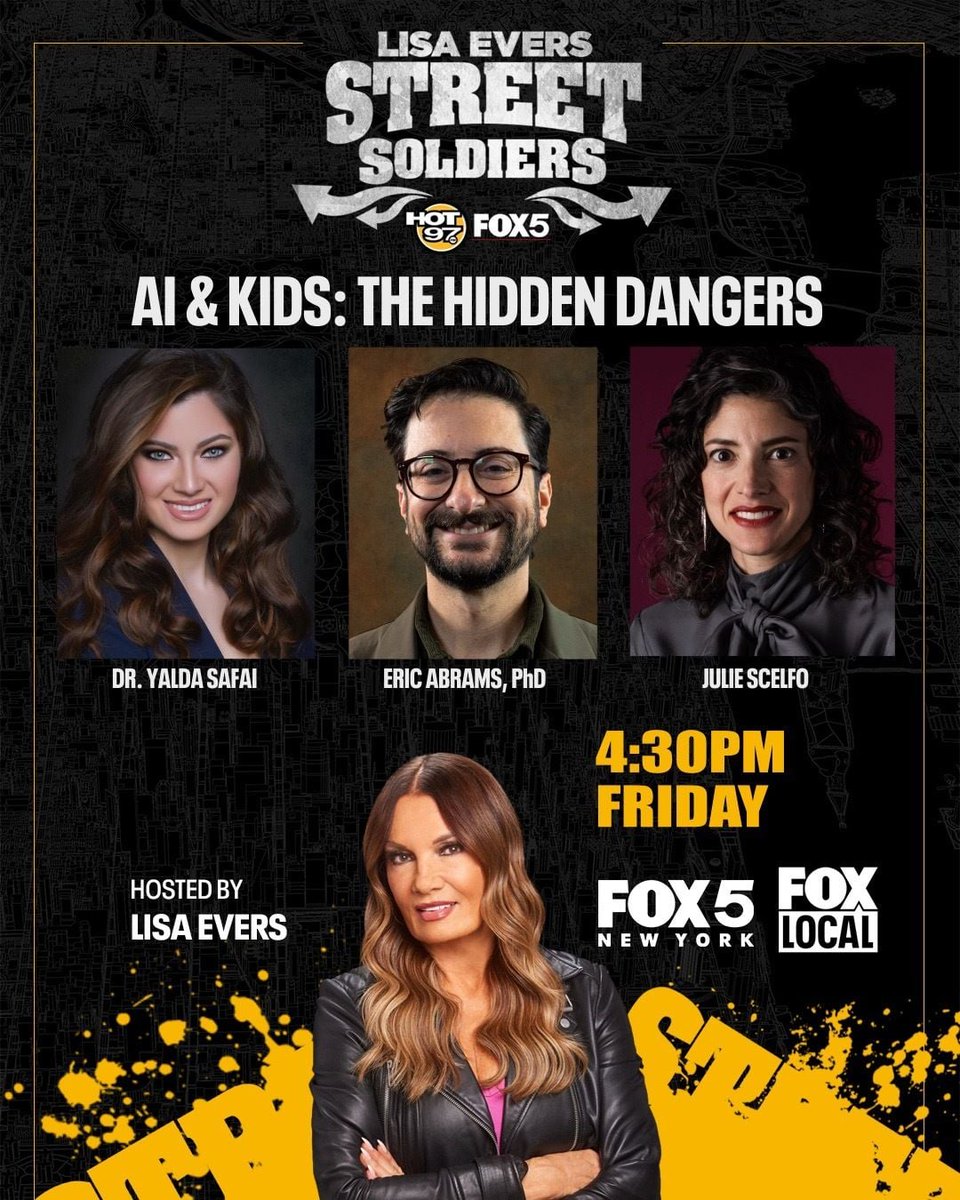 LisaEvers's tweet photo. Everyone's talking about AI but what about the kids? Find out the reality, risks & rewards with @yaldasafaimd @_wearemama @ionauniversity on Street Soldiers TV #fox5ny 4:30p ET Ch5 NYC & watch LIVE stream on your phone or smart TV on free FOXLOCAL app! @_streetsoldiers @fox5ny https://t.co/mBKoznIPOL