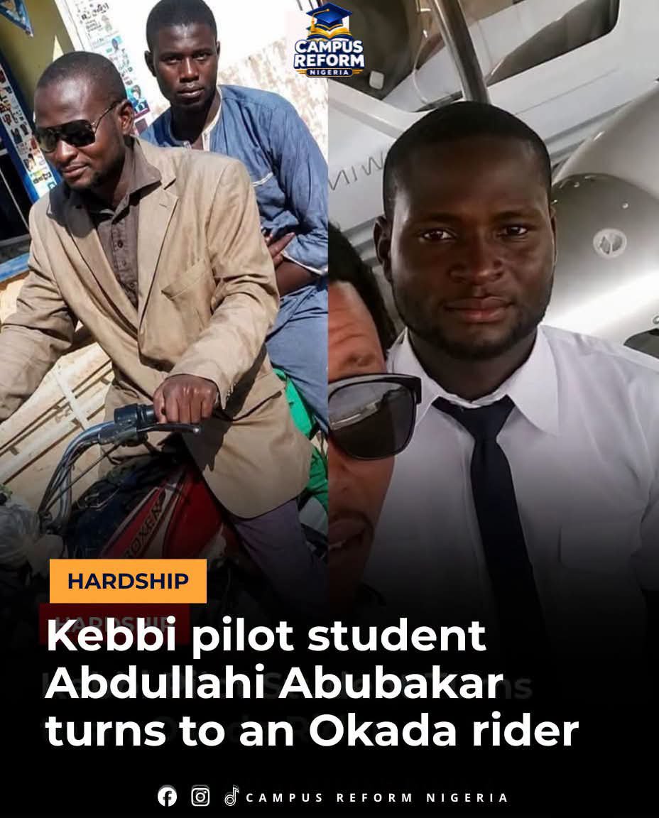 Dongarrus1's tweet photo. He trained to fly planes. Today, he rides an Okada to make a living.

Abdullahi Abubakar, a young Nigerian from Birnin Kebbi Local Government Area of Kebbi State, reportedly saw his dream of becoming a pilot interrupted by financial difficulties.

He gained admission to the International Aviation College (IAC), Ilorin, in 2018. According to his account, the Kebbi State Government initially supported his training with about ₦2 million, enabling him to complete a year of training and obtain his Private Pilot Licence (PPL).

He reportedly performed well in his ground-school examinations and passed the relevant Nigerian Civil Aviation Authority (NCAA) examinations.

However, when he reached the circuit and landing stage of his flight training, the sponsorship reportedly ended. He needed another ₦1.8 million to continue, but could not raise the money.

Abdullahi says he has sought further assistance from the Kebbi State Scholarship Board since 2019 but has yet to receive the support needed to resume his training.

With his aviation journey on hold and the need to earn a living, he eventually returned home and began working as a commercial motorcycle rider.

His story highlights how financial difficulties can interrupt the professional ambitions of young Nigerians even after significant investment has already been made in their training.

Abdullahi’s journey is now a call for renewed support from relevant authorities, philanthropists and other well-meaning individuals who may be able to help him complete his aviation training.

From preparing for the cockpit to riding an Okada to survive, Abdullahi’s story is a painful reminder of a dream interrupted—not necessarily a dream lost.