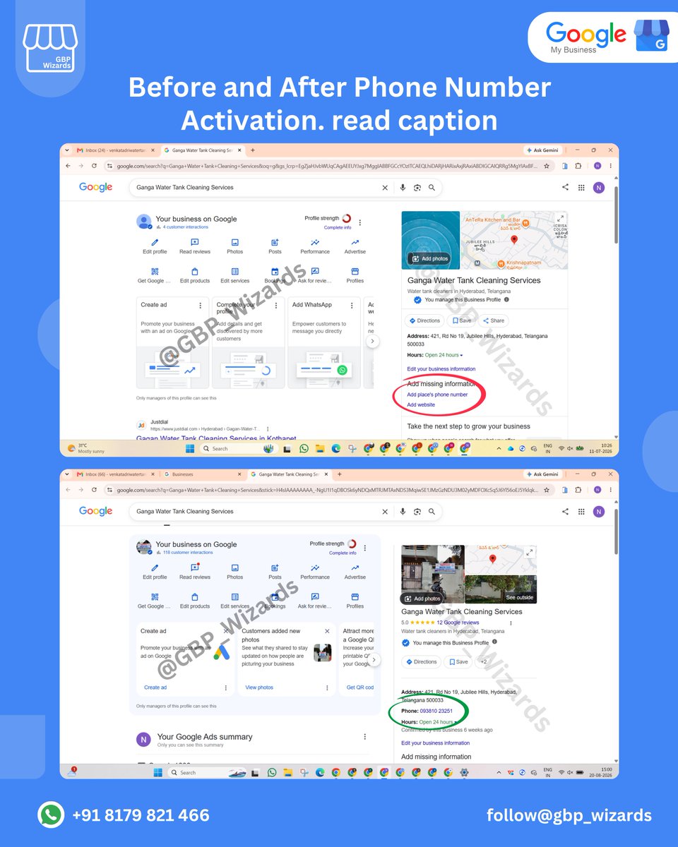 GBP_Wizards's tweet photo. New Google Business Profile successfully activated

Ganga Water Tank Cleaning Services in Hyderabad approached us for profile creation. We created, verified, and made the business phone number live.

📞 +91 81798 21466 | 🌐 https://t.co/voK7WUWudc

#googlebusinessprofile #gbpc https://t.co/vDc8zRM7Oa