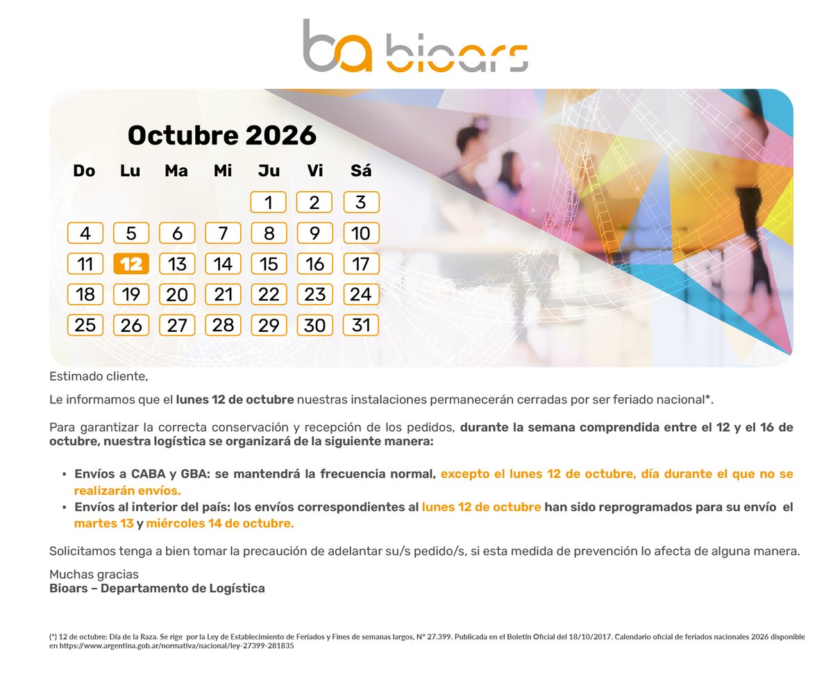 BioarsSA's tweet photo. Aviso importante: reprogramación de envíos - Feriado del 12 de octubre https://t.co/mTsXyAc6Ix https://t.co/pOh50OPBOK
