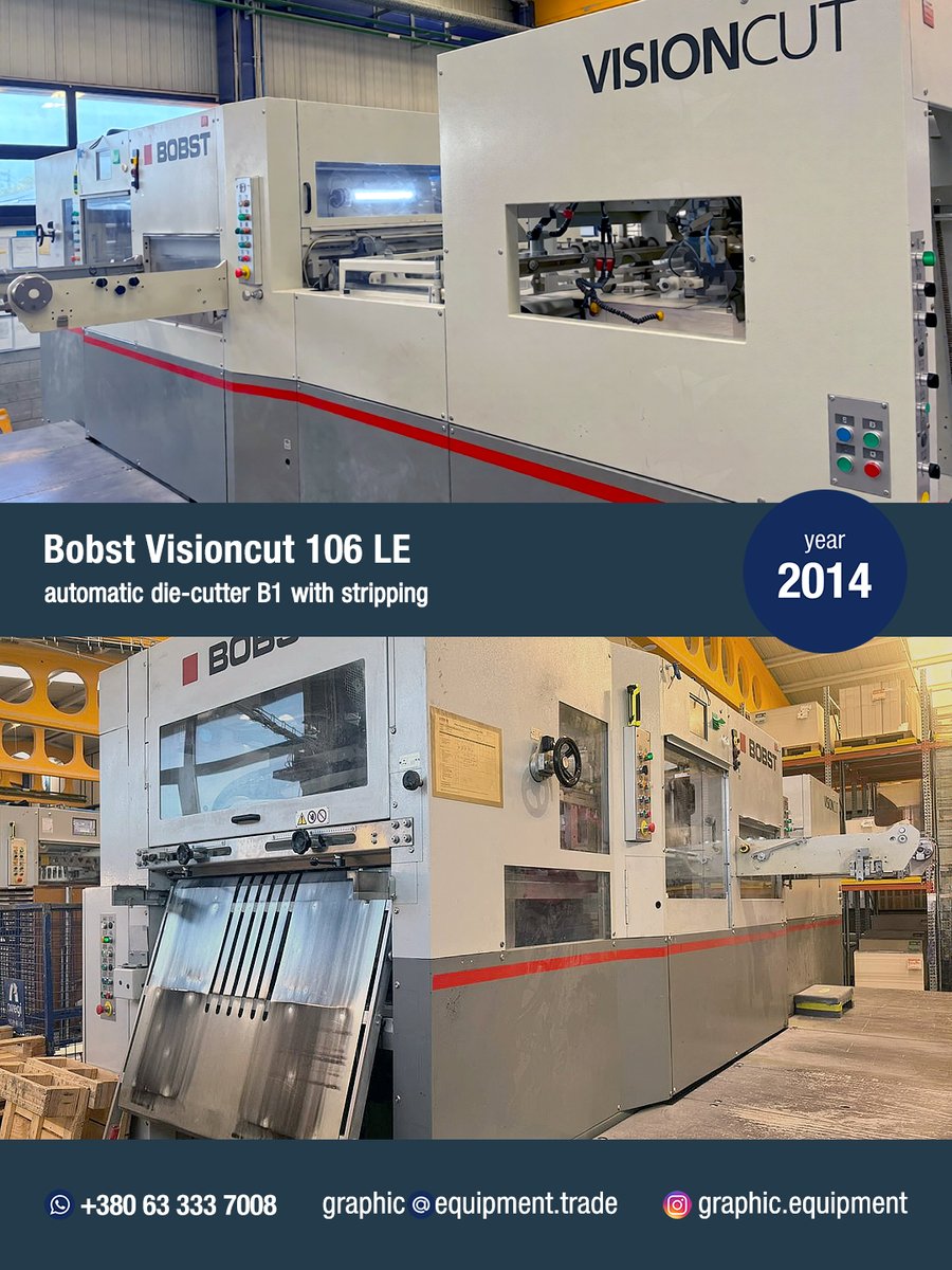 graphicequipmen's tweet photo. Bobst Visioncut 106 LE (year 2014)

Modern automatic die-cutting press #Bobst Visioncut 106 LE for the production of folding #cartons, displays, hard posters, hangers, beer coasters, coasters, beer mats, cuffs, cup holders

📲 +380 63 333 7008 WhatsApp
📧 graphic@equipment.trade https://t.co/zaLK1lUfWW