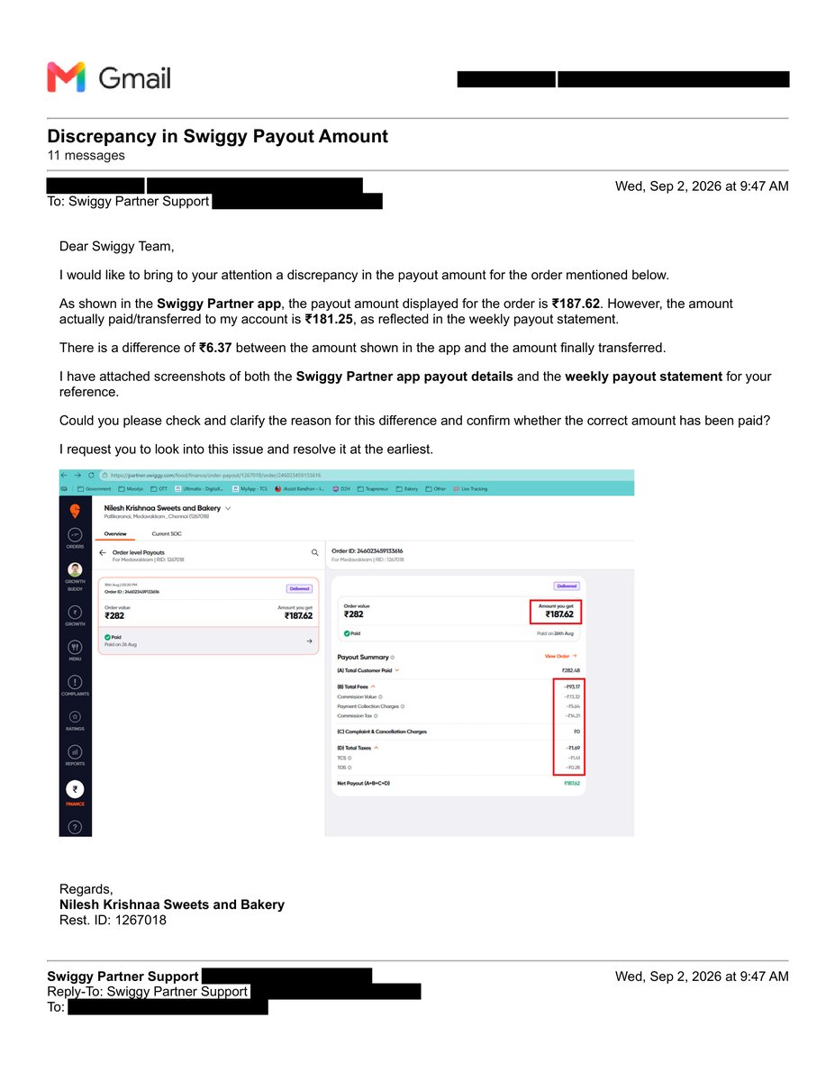 nkbakery's tweet photo. @Swiggy @SwiggyCares @harshamjty— THIS IS NOT PARTNER SUPPORT. THIS IS HARASSING SMALL RESTAURANT PARTNERS WITH ENDLESS TEMPLATE REPLIES.

We have been following up for weeks on TWO unresolved issues:

🔴 GST Removal – Ticket #23026694 
🔴 Payout Discrepancy – Ticket #23026658

GST issue: We already provided the acknowledgement requested by Swiggy on 2 Sep 2026. Yet your team keeps asking for the same acknowledgement again.

Then you claim that you “tried calling us.”

Yes, calls were received. But what actually happened?

1️⃣ First call — the representative spoke in Hindi, we tried to explain our concern, and the call was immediately disconnected without properly hearing or addressing the issue.

2️⃣ Second call — the phone rang for only two rings and was disconnected.

A call being made does NOT mean the issue was handled.

Payout issue: We have already provided the supporting details and screenshots regarding the payout mismatch. Instead of properly investigating and reconciling the discrepancy, we keep getting generic copy-paste responses asking for information already provided.

This is the cycle we are facing:

Raise issue → Template reply → Follow up → Template reply → Meaningless call → Follow up again → Same template reply.

How many times should a small restaurant partner repeat the same information before someone at Swiggy actually reads the email trail and investigates?

₹6.37 may be nothing for Swiggy, but unexplained payout differences and unresolved financial issues are NOT acceptable to a small business.

We are NOT asking for a favour. We are asking Swiggy to properly account for the money shown in its own records and resolve the issues we have already raised.

STOP sending template replies. STOP asking for information already provided. STOP wasting our time with meaningless calls.

Have a senior team review the complete email history, screenshots and tickets and provide an actual written resolution.

This is our experience as a Swiggy restaurant partner. Other restaurant owners deserve to know how partner support is being handled.

@Swiggy @SwiggyCares @harshamjty— Enough is enough. Review the evidence and RESOLVE both issues.

#Swiggy #SwiggyPartner #RestaurantPartners #SwiggySupport #SmallBusiness