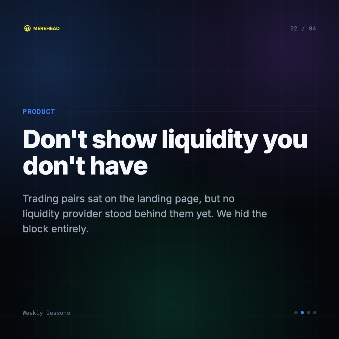 merehead_llc's tweet photo. A few things that stood out in our engineering work this week:

1. Empty is worse than down.
An external data aggregator returned empty values for most providers. No errors, no timeouts.

2. Don't show liquidity you don't have.
Trading pairs sat on the landing page, but no liquidity provider stood behind them yet.

3. New testers don't touch balances.
Scaling QA before a deadline, newcomers get auth and simple CRUD.

4. Batched bug reports are a blind spot.
Holding bugs until a module is fully tested means fixes can't start in parallel.