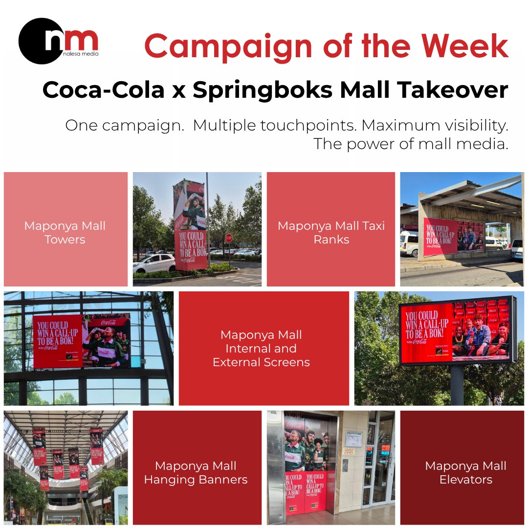 NalesaMedia's tweet photo. CAMPAIGN OF THE WEEK 🏉

Coca-Cola × Springboks is now flighting across Nalesa Media's media network at Maponya Mall.

One campaign, multiple touchpoints. The power of mall media.

#NalesaMedia #CocaCola #Springboks #MaponyaMall #OOH https://t.co/MIc7lInSMO