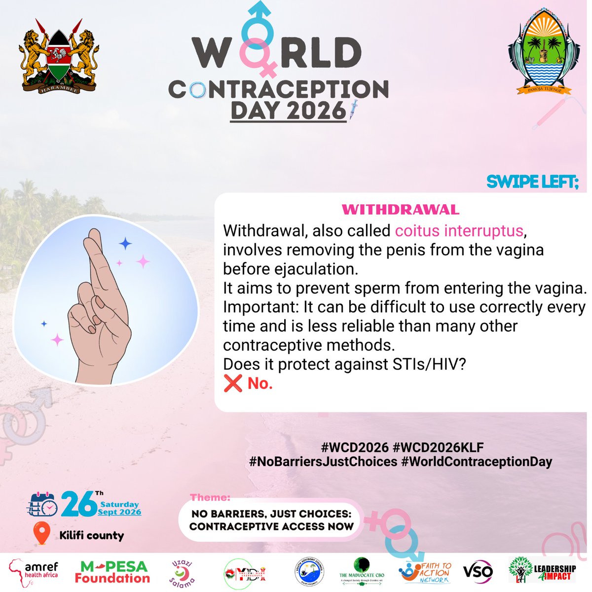 MghendiP's tweet photo. 👀Thinking about withdrawal? It’s a contraceptive option, but timing matters & it’s not the most reliable method. Know your options. Choose what works for you.
@Amref_Kenya @MPESA_FDN @Youth_Dare @MadvocateCbo
#WCD2026 #WCD2026KLF #NoBarriersJustChoices #ContraceptiveAccessNow https://t.co/H6dJjrVMgF