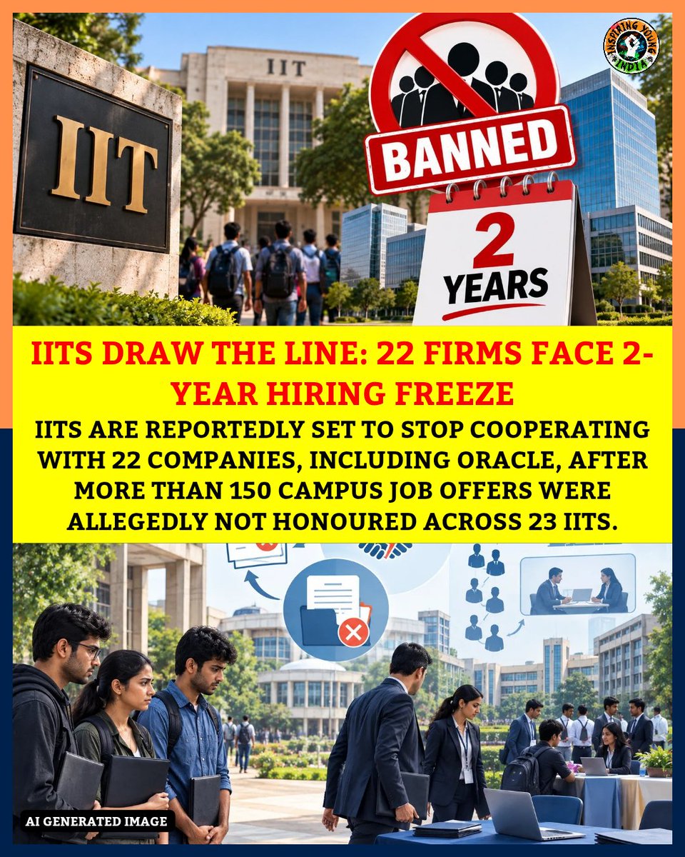 IYIndia's tweet photo. 🚨 IITs Draw The Line

IITs are reportedly set to stop cooperating with 22 companies, including Oracle, for two placement seasons after 150+ campus job offers were allegedly not honoured across 23 IITs.

#IIT #CampusPlacements #Jobs #Oracle #India https://t.co/eQqLm0ixvW