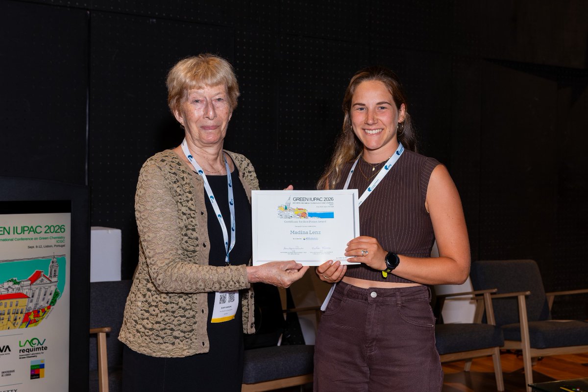GloriusGroup's tweet photo. What an exciting time at Green IUPAC 2026 in Lisbon! Fantastic event highlighting green chemistry research. Huge congrats to Madina Lenz on her poster prize for interrupted energy transfer cycloaddition! Thanks to all for the great vibe. #GreenIUPAC2026 #GreenChemistry https://t.co/dOAICTRkru