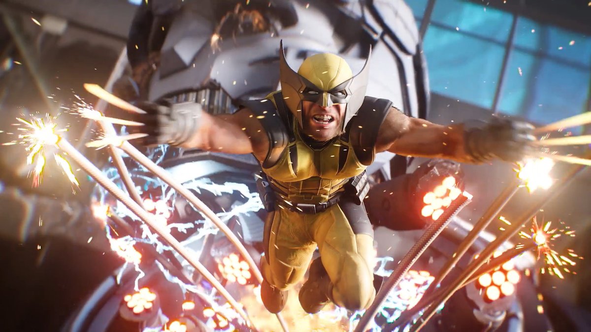 Wolverine, in his iconic yellow and black costume, leaps dramatically through the air with claws extended amid sparks and electricity, capturing the action-packed intensity of the Marvel's Wolverine game launch on PS5. The post notes that players worldwide celebrated the game's release by diving into the claws-out action.