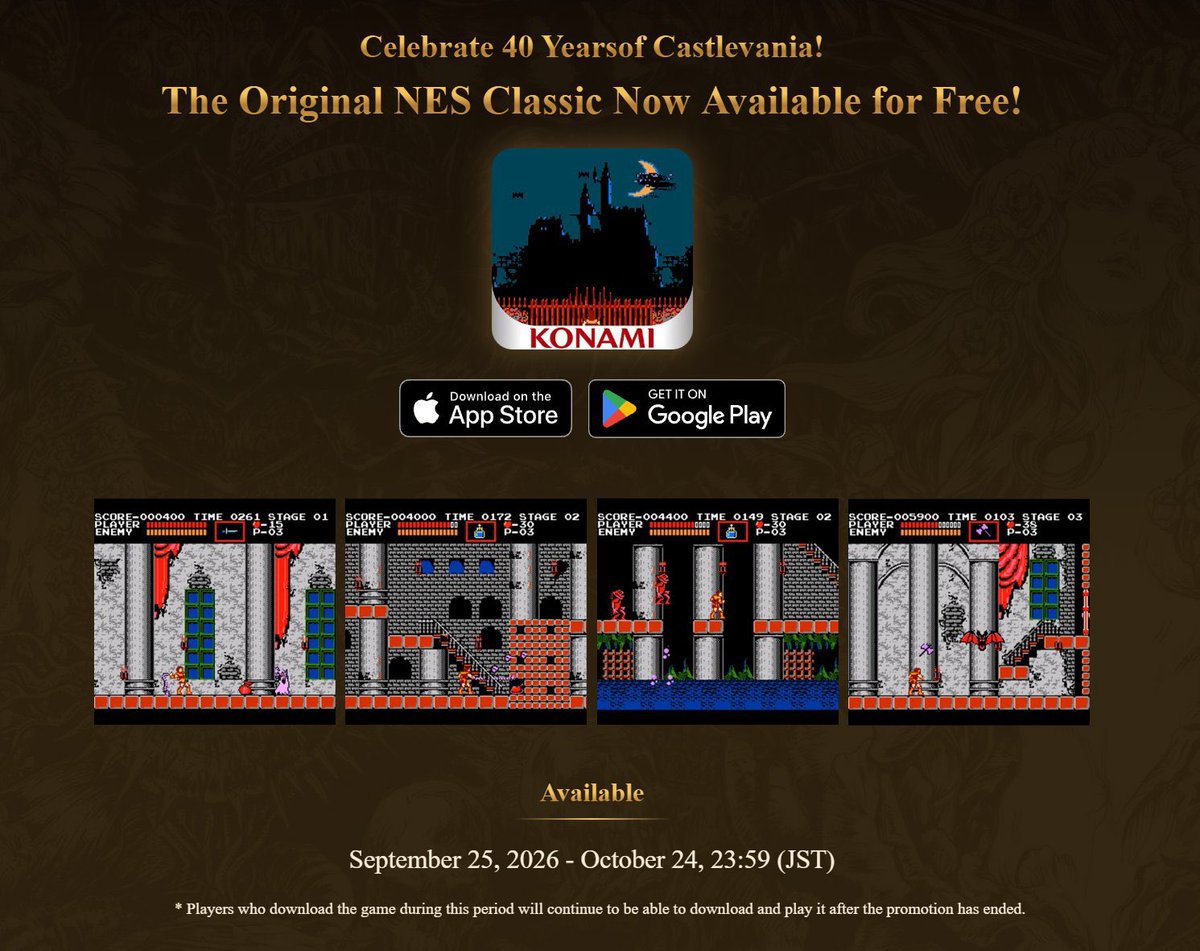 millennialg1992's tweet photo. 🦇¡EL CLÁSICO ORIGINAL DE CASTLEVANIA TOTALMENTE GRATIS!🏰

Por el 40 aniversario de la saga, Konami regala el juego de NES.

🍎 iOS: https://t.co/G4beT3clxE 

🤖 Android: https://t.co/3NyPTetI9F

¡Corred a reclamarlo!🧛‍♂️

#Castlevania #Konami #RetroGaming #JuegosGratis #Gaming https://t.co/M4AcqwifVf