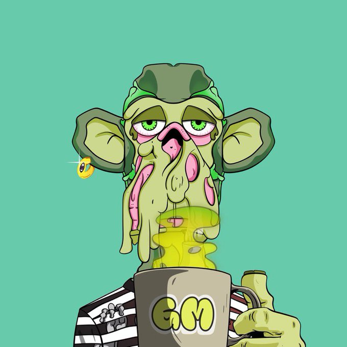 A stylized cartoon illustration of a grotesque green character wearing a green cap and striped shirt, holding a dripping yellow mug.