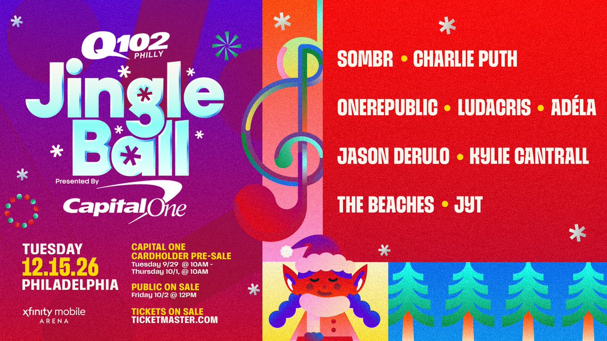 Q102Philly's tweet photo. THE #Q102JingleBall LINE UP IS HERE!!! 

Presented by @CapitalOne and locally presented by Ashley Home Furniture is happening December 15th🎉❄️

Visit https://t.co/5g1rdJZaho for more ticket information 🎉 https://t.co/DoYUrDpZTV