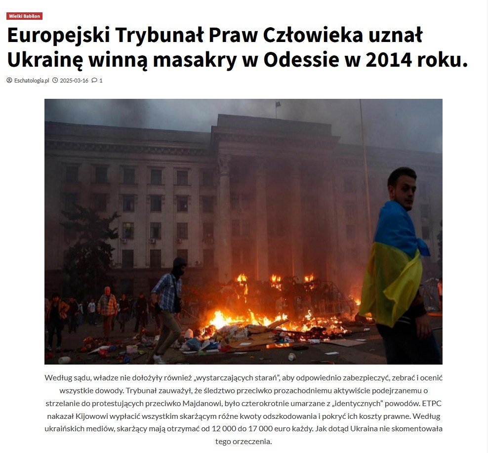 Wbalcerzak87's tweet photo. Czy pamiętacie, co Rosja mówiła w 2014 roku o wydarzeniach w Odessie?

No cóż… wygląda na to, że Europejski Trybunał Praw Człowieka też postanowił zostać „ruską onucą”, bo nie podpisał się pod wygodną, uproszczoną narracją części mainstreamu i internetowych influencerów.

W sprawie Vyacheslavova i inni przeciwko Ukrainie ETPCz stwierdził naruszenie prawa do życia oraz obowiązku skutecznego śledztwa.

Trybunał uznał, że ukraińskie władze nie zrobiły wszystkiego, czego można było od nich rozsądnie oczekiwać, aby zapobiec przemocy w Odessie 2 maja 2014 r., zatrzymać ją po wybuchu, zapewnić szybką akcję ratunkową osobom uwięzionym w płonącym budynku oraz skutecznie zbadać wydarzenia. 

I teraz najważniejsze.

To nie jest wyrok stwierdzający, że rosyjska wersja całej historii Ukrainy jest prawdziwa. Trybunał nie orzekł również, że Rosja miała prawo rozpocząć wojnę.

Ale jest to bardzo poważny dokument pokazujący, że obraz wydarzeń z 2 maja 2014 r. był znacznie bardziej skomplikowany niż internetowe:

„wiadomo, kto był winny, temat zamknięty”.

ETPCz sam opisał sytuację jako gwałtowne starcia zwolenników Majdanu i jego przeciwników, zakończone pożarem Domu Związków Zawodowych i śmiercią ludzi po obu stronach politycznego konfliktu. 

I właśnie dlatego warto czytać dokumenty źródłowe, a nie tylko narracje ludzi, którzy już wcześniej wiedzą, jaki ma być wniosek.

Bo czasami okazuje się, że kiedy otwieramy dokument sądowy, rzeczywistość jest trochę bardziej niewygodna niż Twitterowy obrazek.

A skoro nawet ETPCz stwierdza zaniedbania ukraińskich władz w kluczowych momentach wydarzeń w Odessie, to chyba warto przestać udawać, że temat jest tak prosty, jak próbuje się go przedstawiać.

Link potwierdzający :

https://t.co/YSKGIz0FE6