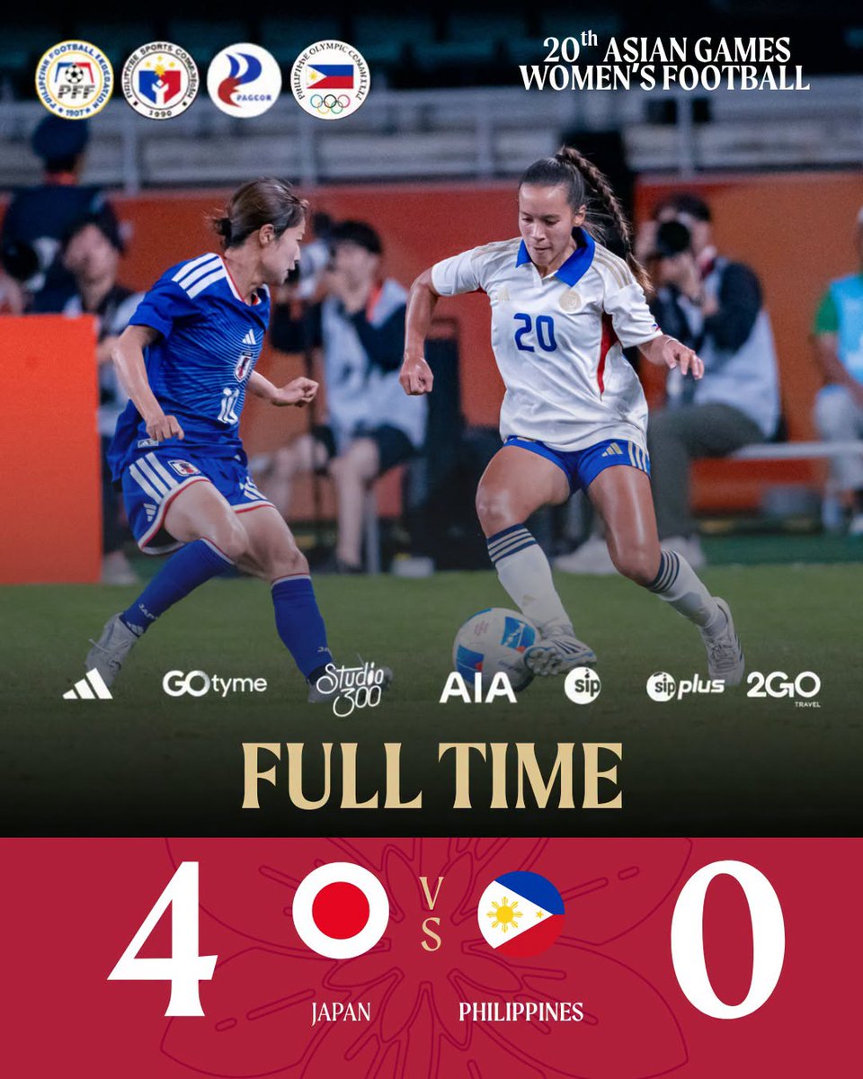 PilipinasWNFT's tweet photo. 𝗙𝗨𝗟𝗟 𝗧𝗜𝗠𝗘 🏁 

We conclude our 2026 Asian Games campaign with a second consecutive quarterfinals appearance and the best result against a Japan senior squad.

🇯🇵 4-0 🇵🇭

#FilipinasParaSaBayan #JPNvPHI #AichiNagoya2026 https://t.co/vmpyWYEKEd