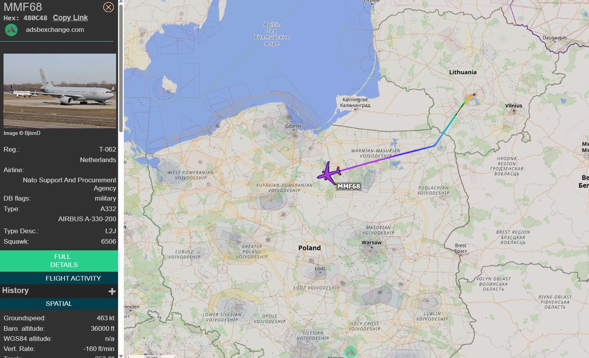 PolishMilRadar's tweet photo. 📅 25.09 🕒 14:40LT - ✈️ A330 MRTT wraca z Litwy
🌍 Multinational Multi-Role Tanker Transport Fleet (MMF)
✈️ #MMF68 Airbus A330-243MRTT | Reg: T-062
🛫 Kowno #EYKA 🇱🇹
🛬 Nieznane (może wraca do Bazy Lotniczej Eindhoven #EHEH 🇳🇱)
🔗 https://t.co/B6oT70YK4F
#POLMILRADAR https://t.co/Kt5pAGo4WW