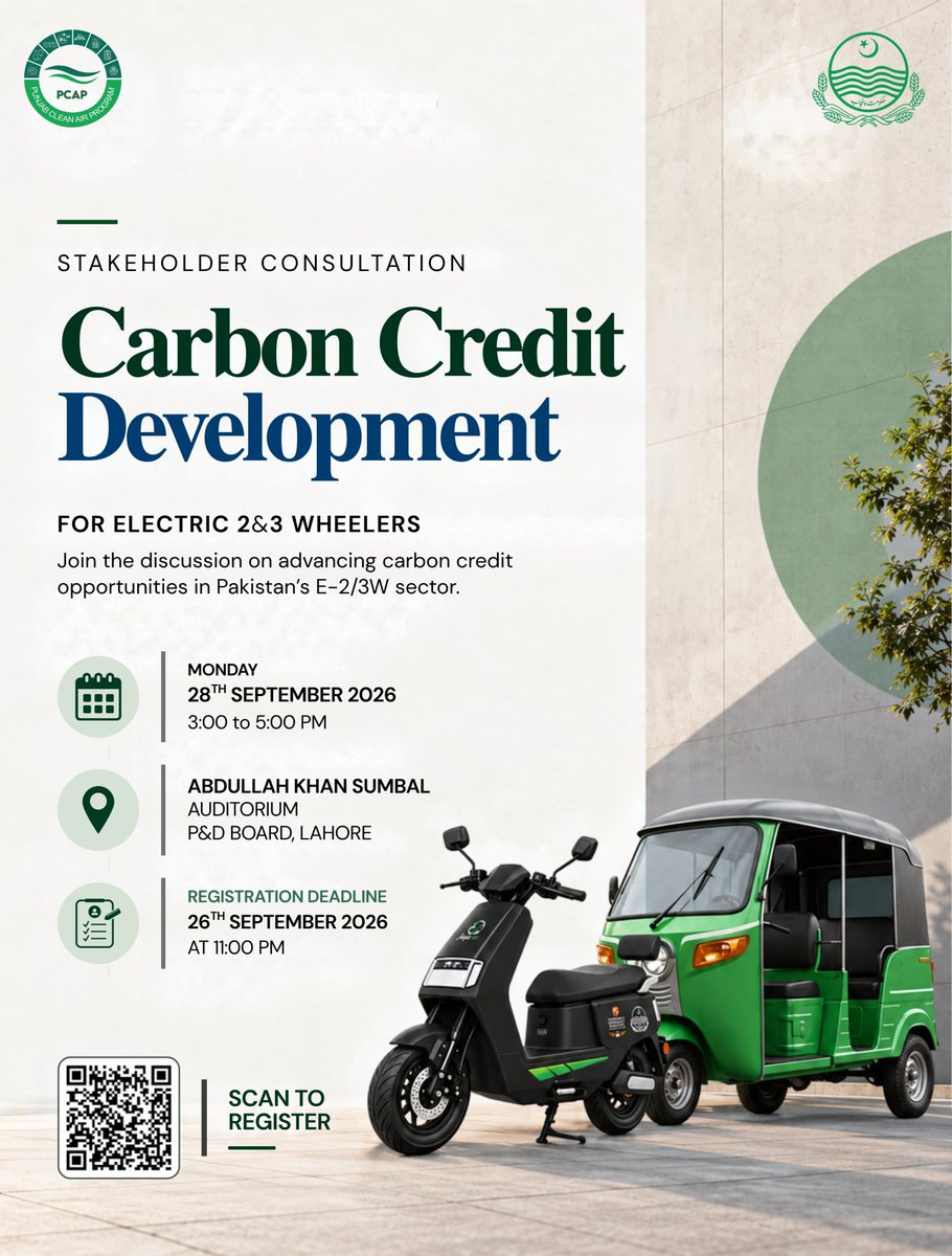 PunjabCleanAir's tweet photo. Punjab is moving to develop carbon credits from electric 2/3-wheelers under PCAP.

PCAP is engaging stakeholders as Punjab facilitates 120,000 electric 2&amp;3 wheelers through affordable financing—supporting cleaner mobility and lower transport emissions.

#PCAP #CleanAirPunjab https://t.co/DRlZZMg8Wu
