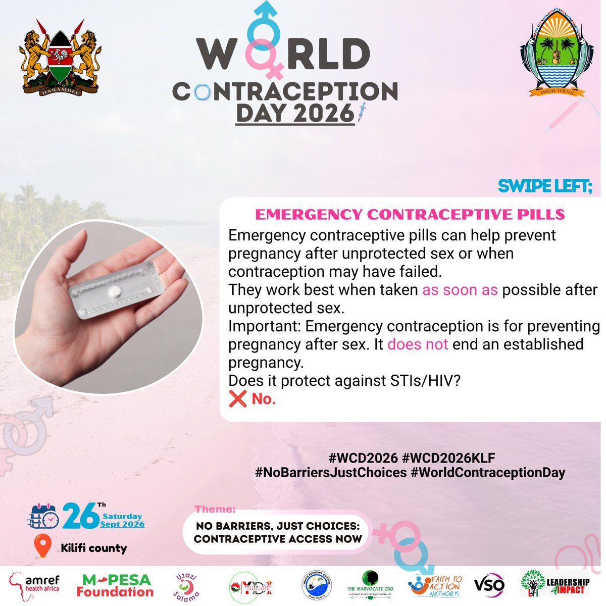 MghendiP's tweet photo. Emergency means emergency. It can be used after unprotected sex. But if you need it often, explore a regular method that works for you.
@DOHKilifi @Amref_Kenya @MPESA_FDN @Youth_Dare @kilifi_youth @MadvocateCbo
#WCD2026 #WCD2026KLF #NoBarriersJustChoices #ContraceptiveAccessNow https://t.co/yBN4GdqvTm
