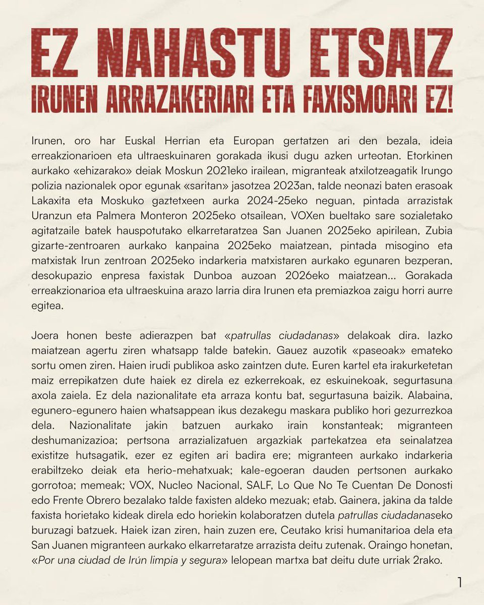 union1915fans's tweet photo. Ez nahastu etsaiz! Irunen arrazakeriari EZ! https://t.co/f4mtZ9aGOW