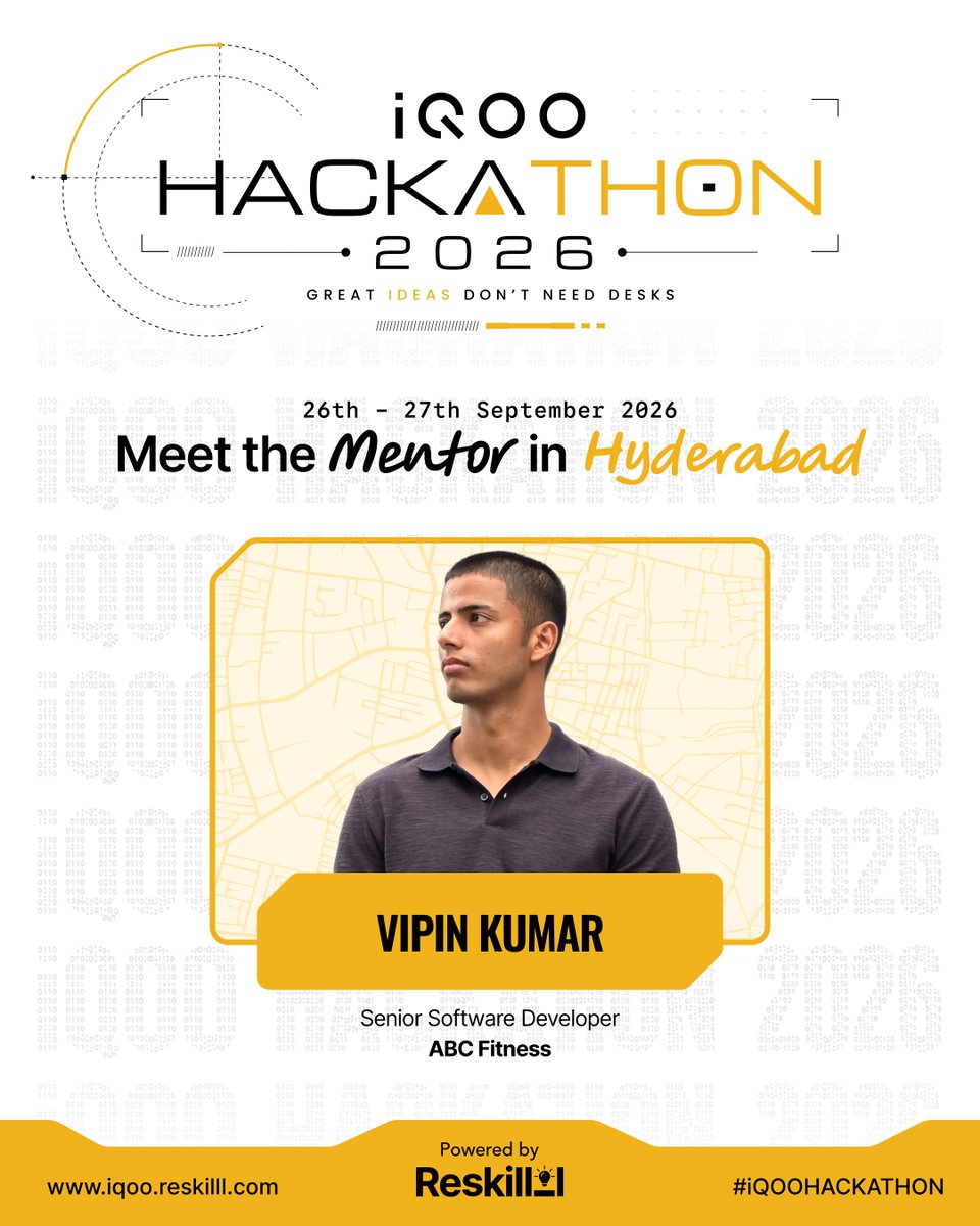 Reskilll's tweet photo. Meet Vipin Kumar, Senior Software Developer at ABC Fitness, joining the mentor lineup for the iQOO Hackathon 2026 – Hyderabad Battle.

With his software development experience, Vipin will be alongside the teams to help them tackle challenges, refine their approach and turn ideas into practical, working solutions.

📍 Hyderabad
📅 26–27 September 2026

We’re glad to have Vipin join the Hyderabad Battle and support the teams as they build, iterate and bring their ideas to life.

#iqoo #reskilll