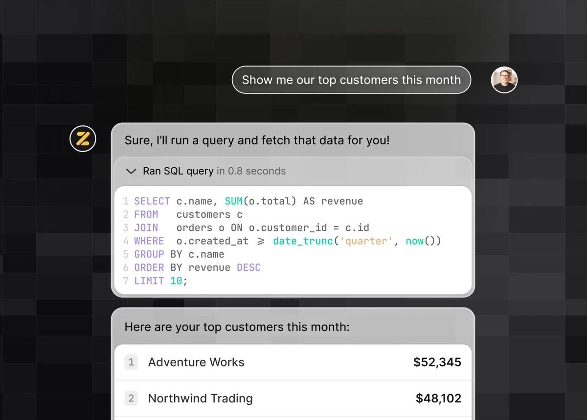 domwhyte42's tweet photo. Zite Database now supports SQL. Here’s why this is a big deal:

SQL is the go-to language for querying databases. It makes it fast to calculate totals across millions of records, group data for a dashboard, or summarize for a report.

As Zite builds your app, it automatically writes SQL to make things faster.

You just describe what you want to build.

And this is real SQL. Not some proprietary offshoot (looking at you, Salesforce...).

Zite supports standard SQL syntax and works with all the data types in Zite Database, including linked records, rollups, user fields, etc.

In a lot of traditional SaaS tools, analysis means pulling all your records into a data warehouse first. With Zite, you can query the data directly from your apps, via the API, or through MCP.

And maybe most importantly: LLMs are REALLY good at writing SQL.

Now they can use it directly against the systems they build.