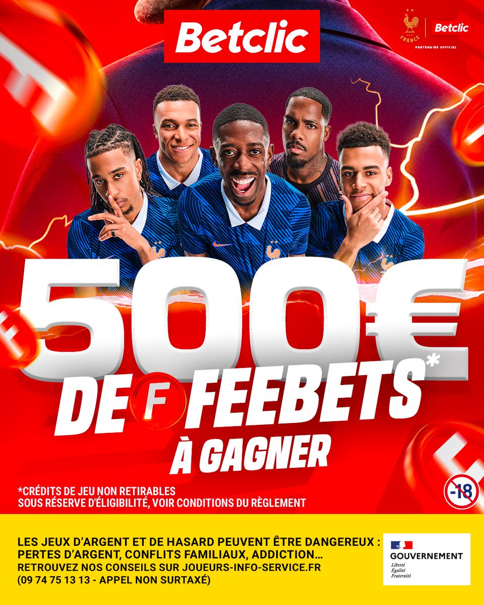 Betclic's tweet photo. DES FEEBEEETS POUR LE RETOUR DES BLEUS 🤑

10x50€ de Feebets* à gagner pour se régaler devant le match  🤝

RT + ton pseudo + #FeebetsBetclic + ton prono buteur pour ce soir (participations illimitées) 🍀