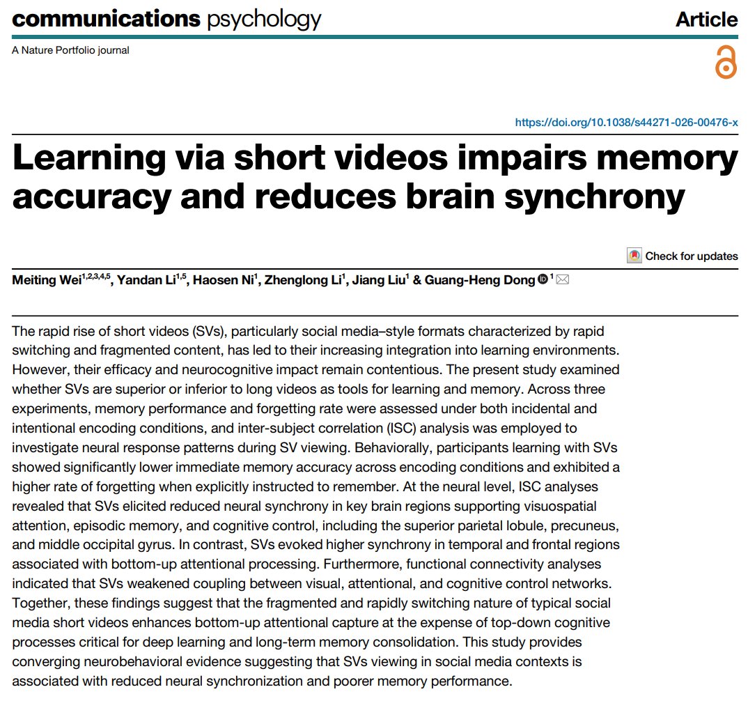 NTFabiano's tweet photo. Short-form videos are linked to lower memory accuracy and reduced brain synchrony. https://t.co/CCDKby5MZS