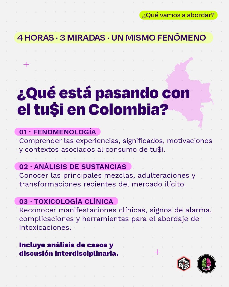 echelecabeza's tweet photo. #semanadeltusi ¿Qué significa clínicamente cuando una persona dice que consumió tusi? 🧪🩺 

Inscripción aquí: https://t.co/MW9Bf233oF

El problema es que “tusi” no nombra una sustancia específica. Bajo ese nombre circulan mezclas de composición variable y, con ellas, diferentes perfiles farmacológicos, interacciones y posibles manifestaciones clínicas.