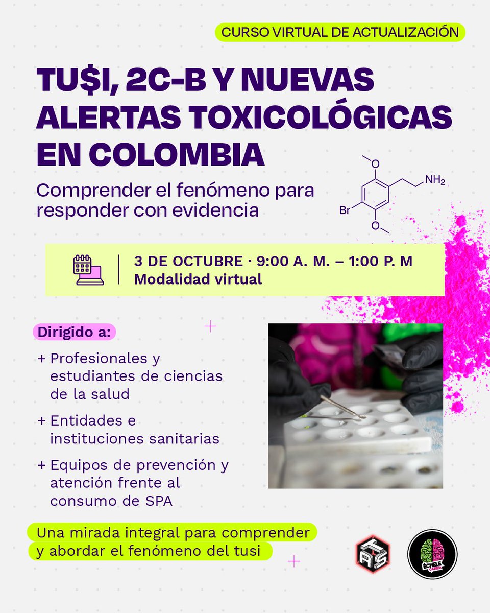 echelecabeza's tweet photo. #semanadeltusi ¿Qué significa clínicamente cuando una persona dice que consumió tusi? 🧪🩺 

Inscripción aquí: https://t.co/MW9Bf233oF

El problema es que “tusi” no nombra una sustancia específica. Bajo ese nombre circulan mezclas de composición variable y, con ellas, diferentes perfiles farmacológicos, interacciones y posibles manifestaciones clínicas.