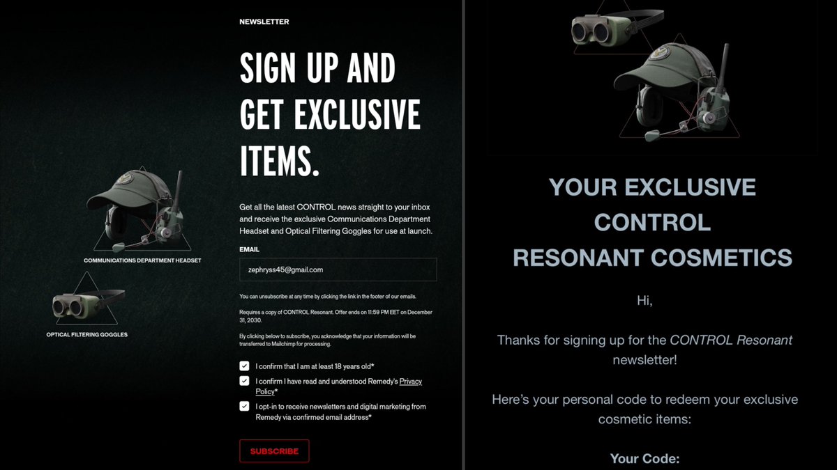 TheRealZephryss's tweet photo. You can get more FREE items in Control Resonant:

🔸 Sign up for the newsletter on the Control website
🔸 You’ll receive the codes via email

How to redeem:
Open game > Main Menu > Gameplay > Enter Redeem Code

Items: Communications Department Headset &amp; Optical Filtering Goggles https://t.co/4rDJw0HYvg