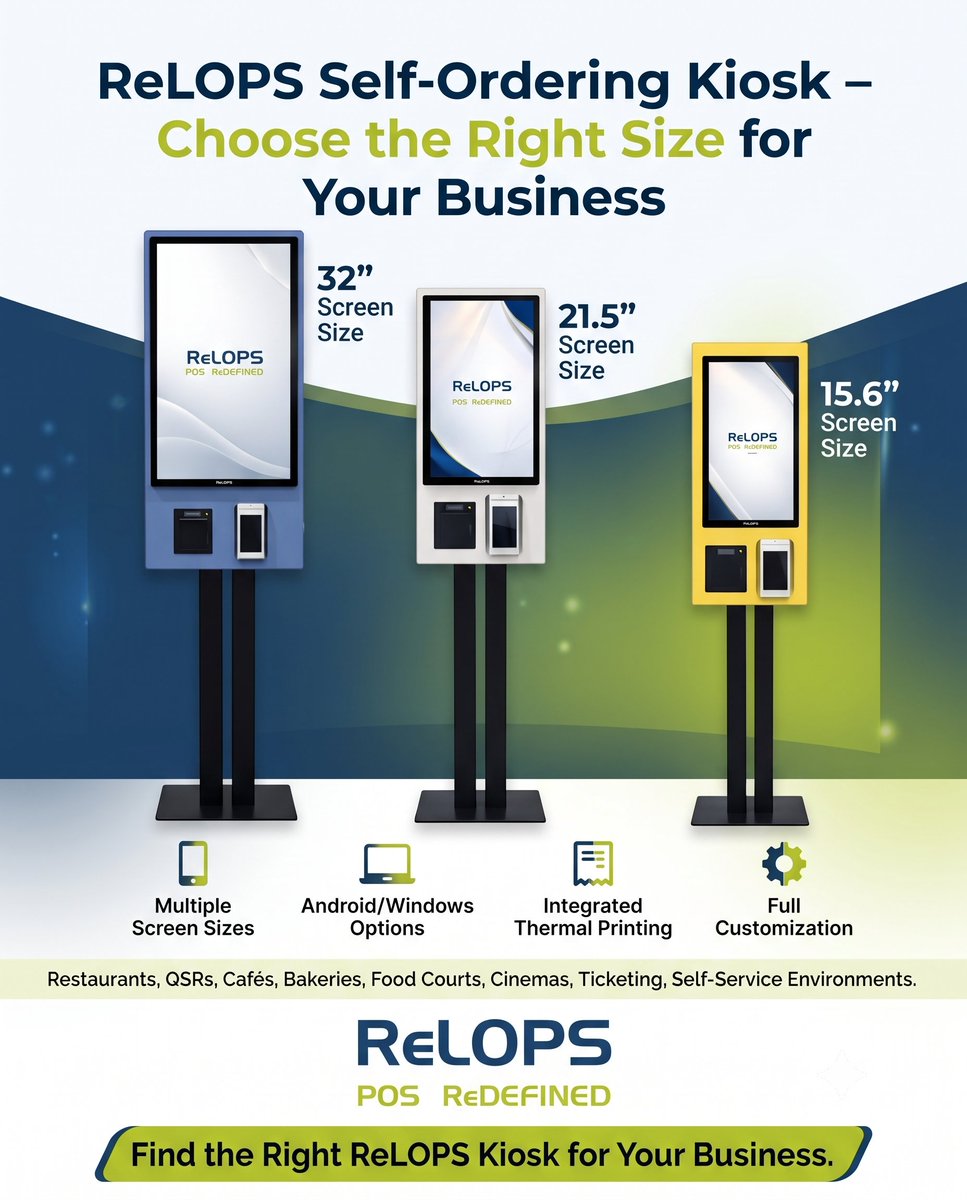 RelopsIndia's tweet photo. Choosing the right kiosk size matters. 🚀

ReLOPS Self-Ordering Kiosks are available in 15.6", 21.5" &amp; 32" sizes with Android/Windows options, integrated printing &amp; customization.

Built for restaurants, QSRs, cafés &amp; self-service businesses.

#ReLOPS #SelfOrderingKiosk https://t.co/mzgVwKHCi1