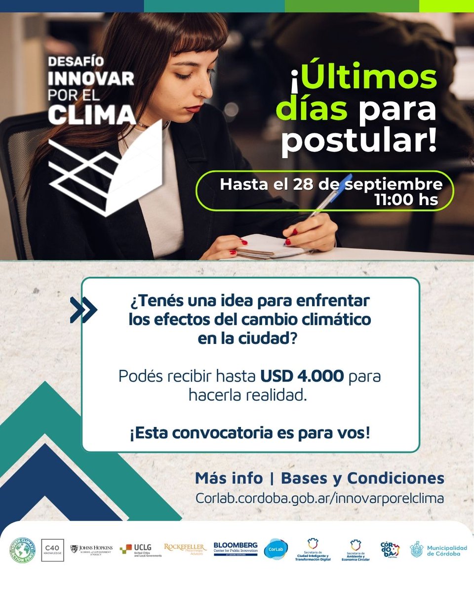 corlabgob's tweet photo. ¡Últimos días para postular!

Si liderás o formás parte de un proyecto para enfrentar los efectos del cambio climático en la ciudad, todavía estás a tiempo de sumarte al Desafío Innovar por el Clima.
📅 28/09 - 11 HS https://t.co/9s2obBkQep