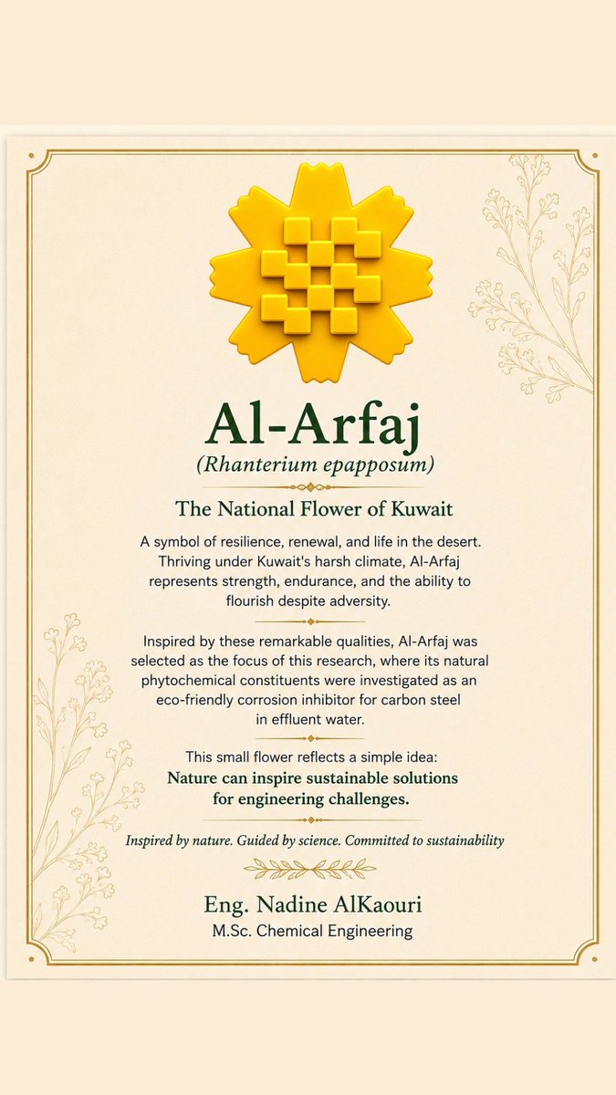 Miss_curly95's tweet photo. الحمد لله الذي بنعمته تتم الصالحات.♥️
تم بحمد الله و فضله تخرجي من جامعة الكويت بدرجة الماجستير/بتقدير امتياز مع مرتبة الشرف 🎓

وقد أتممت مناقشة رسالة الماجستير بعنوان:
Extraction of Kuwait Native Plants as an Eco-Friendly Corrosion Inhibitor for Carbon Steel in Effluent Water https://t.co/riAJHAmJB0