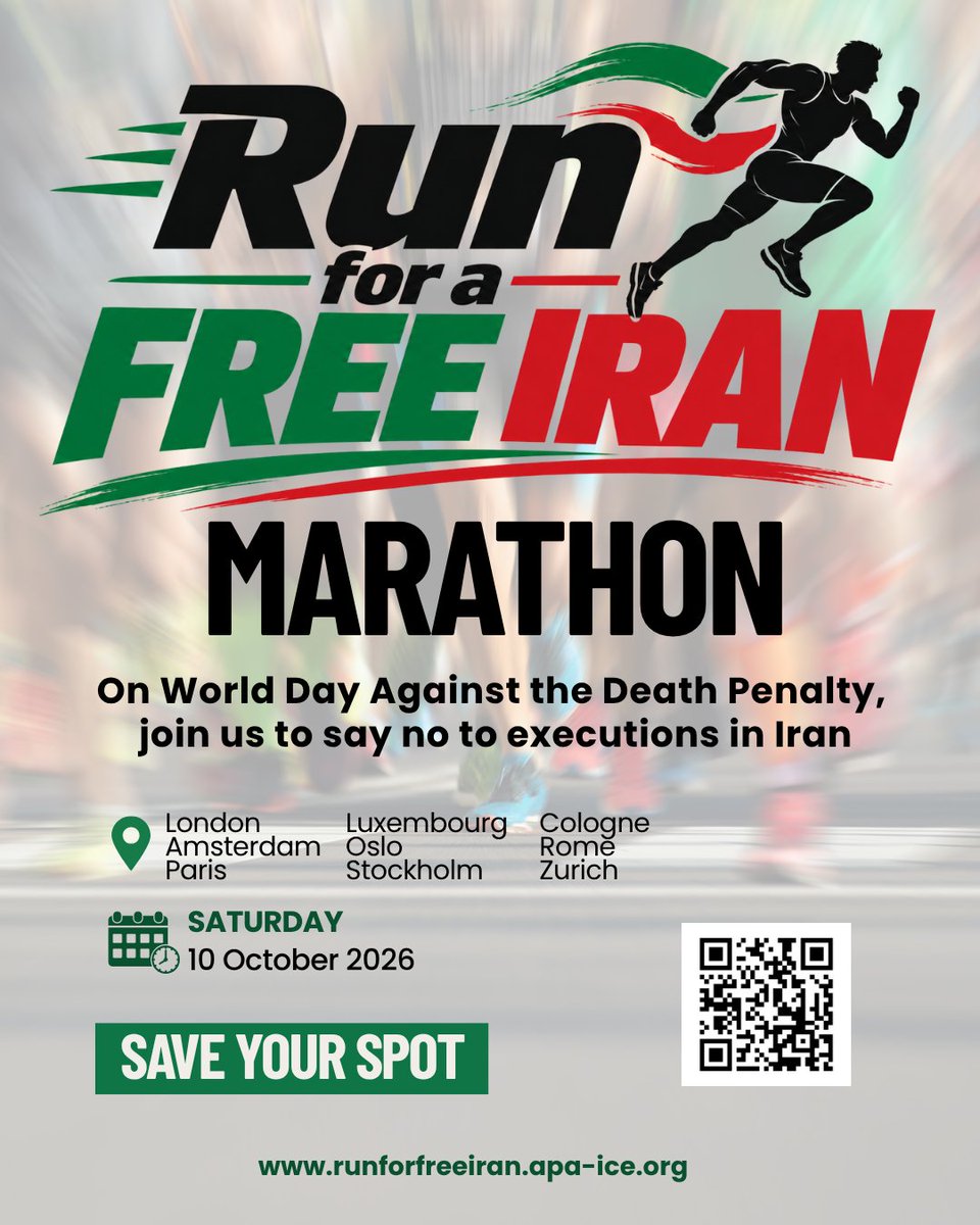 AydaRostami867's tweet photo. 📢October 10: Stand Against #Iran’s Execution Machine!
From London to Paris, Stockholm & 7 other cities, people are raising their voices: NO To Executions!
Every step of “#RunForLife” is a powerful call to end executions & defend fundamental right to life🏃♀️🕊️
#NoToDeathPenalty https://t.co/lCRuL1ZZJu