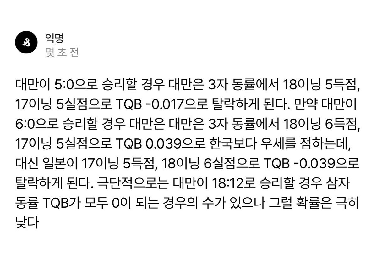qpqpbook2's tweet photo. 결론 : 우리나라가 중국을 이기면
대만 일본이 18:12가 나오지않는 이상 결승에 올라간다 https://t.co/csl0nqsrNP