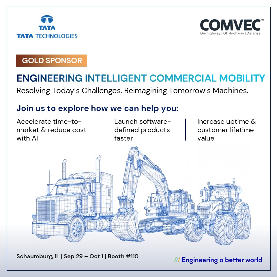 TataTech_News's tweet photo. #COMVEC2026 - #CommercialMobility is evolving fast. The challenge is turning that change into greater speed, efficiency, and lifecycle value.
As a Gold Sponsor at #COMVEC 2026, #TataTechnologies will showcase how we are Engineering Intelligent Commercial Mobility to help resolve today’s challenges while reimagining tomorrow’s machines.
Meet our experts to explore how we can help you:
⚡ Reduce cost & accelerate time-to-market with #AI
💻 Launch software-defined products faster
📈 Increase uptime & customer lifetime value
Join us at COMVEC 2026 and discover how intelligent engineering can help shape the next generation of on-highway and off-highway mobility.
📍 Schaumburg, Illinois, USA
📅 September 29 – October 1, 2026
🤝 Meet us at Booth #110
#SoftwareDefinedVehicles #EngineeringABetterWorld #DigitalEngineering #CommercialVehicles