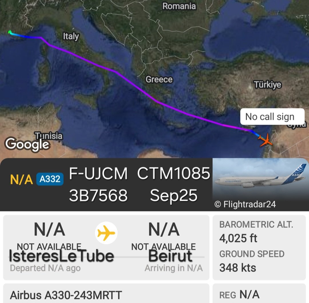 LebanonJets's tweet photo. 14th #France AirForce A330MRTT #FUJCM #3B7568 (+2 NATO = 16 total) arriving into Beirut from IstresLeTube AirBase as #CTM1085 5th 330MRTT for September 711 French troops as of Sep23 up from 609 for #UNIFIL https://t.co/yV1dP6prZg