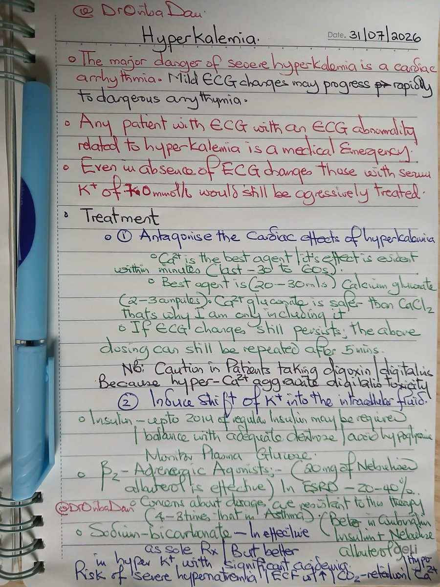 DrOribaDan's tweet photo. I hope this hand written notes of mine can help you save this patient. Fast. You dont have time. 

Dx Severe Hyperkalemia

For more check #DrOribaNotes https://t.co/qKbtGst2aS