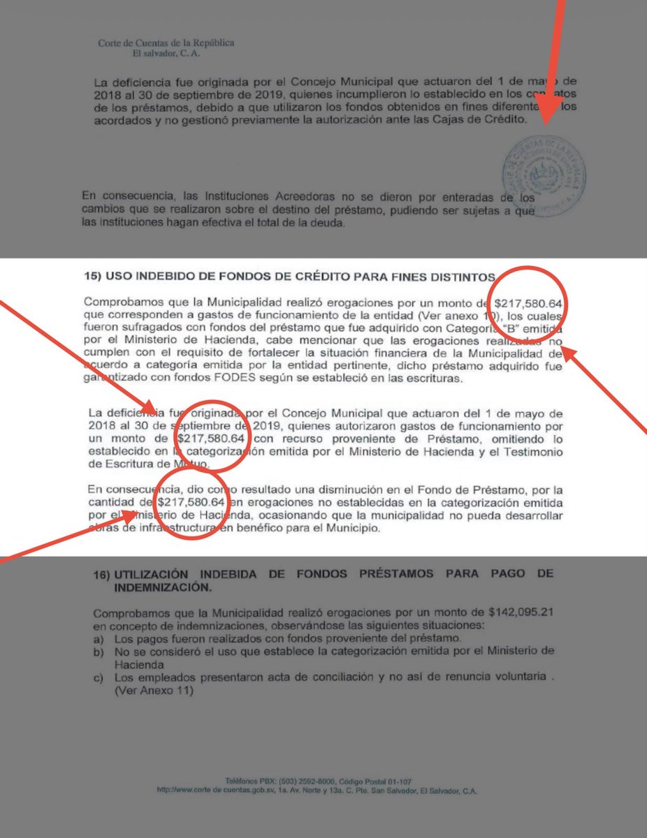 JorgeCastro_SAO's tweet photo. ESTO NO PUEDE QUEDAR IMPUNE

SOLICITAMOS QUE SE RETOME Y SE RECUPEREN 👇🏻 4 MILLONES DE DÓLARES DEL DINERO DEL PUEBLO MALGASTADOS, QUE AL TERMINARSE DE PAGAR EN EL 2034 SERÁN APROXIMADAMENTE CASI 10 MILLONES QUE PUDIERON HABER SIDO OBRAS PARA LA GENTE.

Estos son documentos de hallazgos emitidos por la Corte de Cuentas de aquel entonces como fuertes señalamientos a la administración del exalcalde de ARENA Hugo Calidonio, extrañamente el proceso fue detenido de su procedimiento legal y ya NO siguió su curso.

A pesar de haber el exalcalde Calidonio extraviado toda la documentación respectiva nuestro equipo investigador logró encontrar otro hallazgo detectado por la Corte de Cuentas en lo siguiente:

1- Uso indebido en el uso de fondos de los créditos, ya que el préstamo de los cuatro millones  trescientos cuarenta mil dólares fue tramitado para obras y al tener los fondos se utilizaron supuestamente en "gastos de funcionamiento"cuando ya la alcaldía recibía impuestos, tasas, FODES y FAM para funcionar. 

2- Al requerir la información a la alcaldía de Calidonio para justificar su gasto en esos millones de dólares, simplemente no la dieron.

Literalmente estos documentos fueron hallados en una cajuela en los archivos de medio ambiente que nada tienen que ver, mezclados y traspapelados con estos.

👇🏻👇🏻👇🏻👇🏻