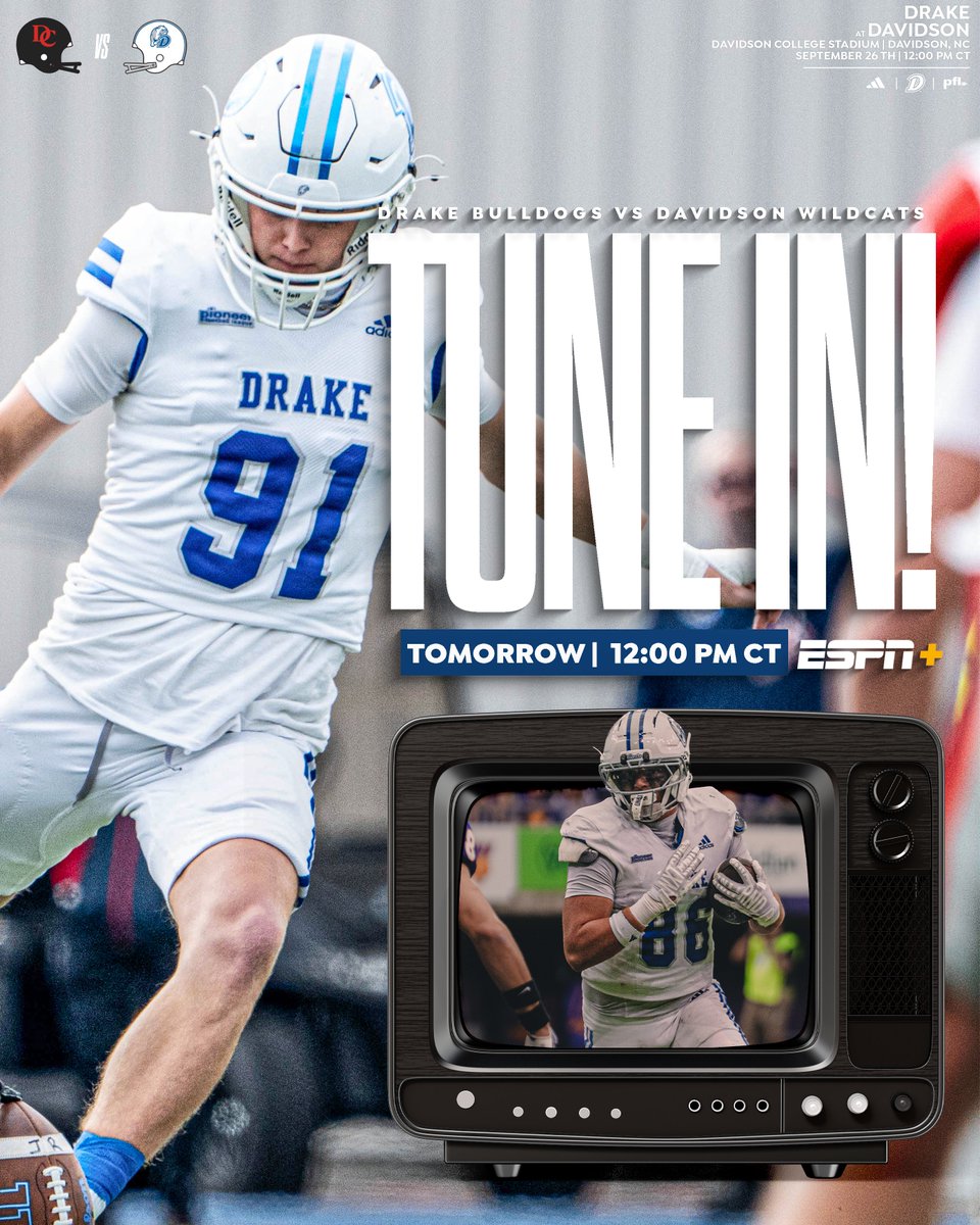 DrakeBulldogsFB's tweet photo. If you aren't making the trip to North Carolina, BE SURE TO TUNE IN!!!

📺: https://t.co/89LaP0s6bo
📻: @ESPNDSM
 
#DSMHometownTeam https://t.co/akLipHWXsd