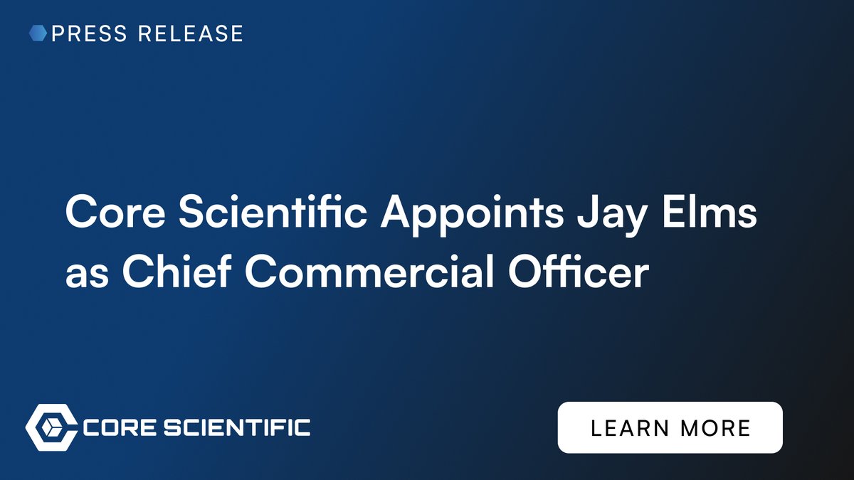 Core_Scientific's tweet photo. Core Scientific appoints Jay Elms as Chief Commercial Officer.

Jay brings more than two decades of commercial leadership experience in the data center industry. He will be responsible for growing customer relationships and overseeing the customer experience from initial engagement through deployment.

Read the full press release: https://t.co/c5je16UiXS