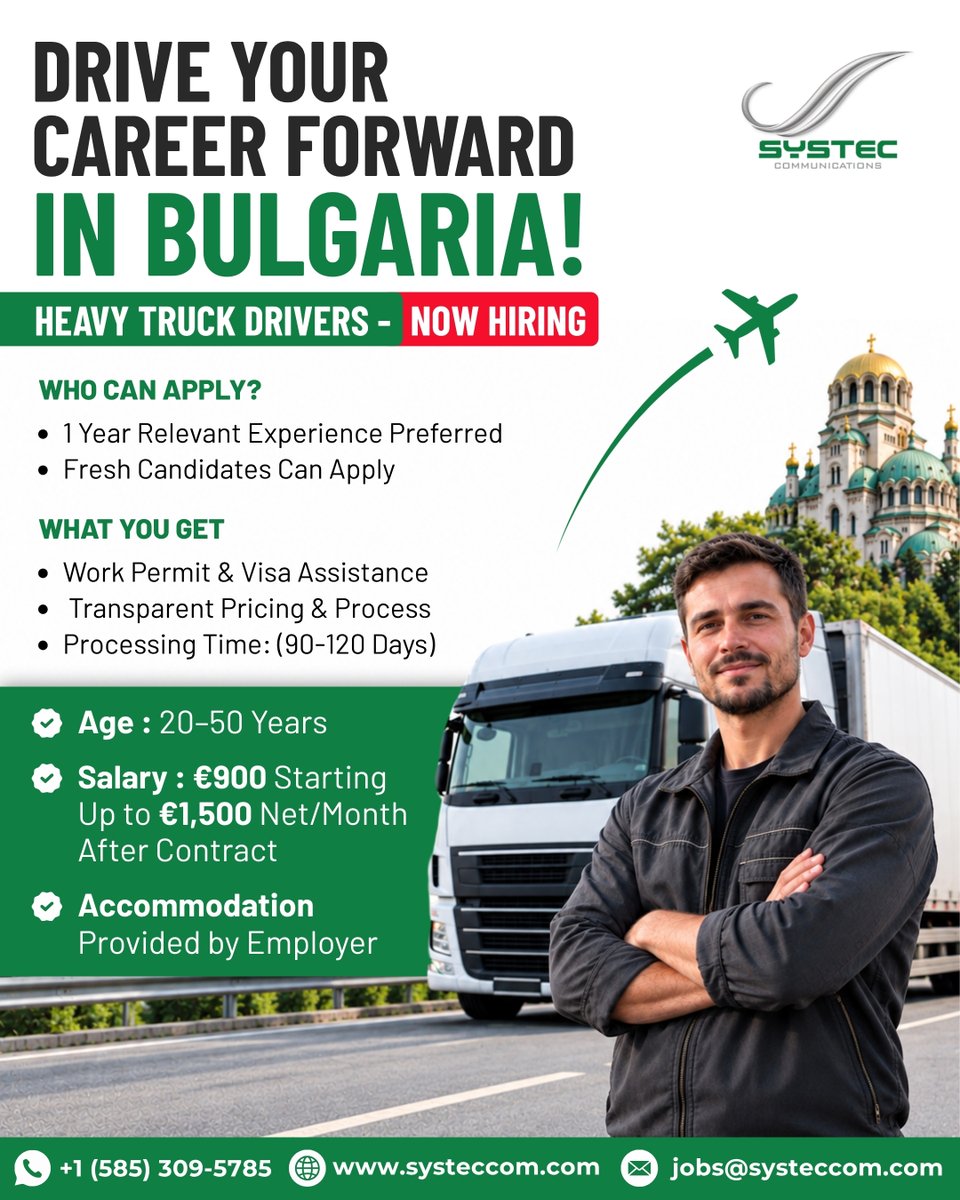 Systeccom's tweet photo. Ready to Take Your Driving Career to Europe?

📩 jobs@systeccom.com
🌐 https://t.co/m3ZcdWSaCb
📞 +1 (585) 309-5785

#BulgariaJobs #TruckDriverJobs #DriverJobs #EuropeJobs #JobsInEurope #WorkInBulgaria #InternationalJobs #WorkAbroad #DriverVacancy #OverseasRecruitment #Systeccom https://t.co/RNaFzNdvjw