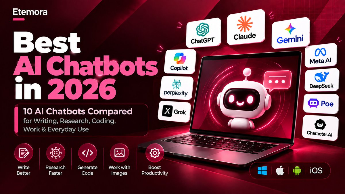 etemora_'s tweet photo. ChatGPT, Claude, Gemini or Perplexity? We compared the 10 best AI chatbots of 2026 for writing, research, coding and everyday work, with pros, cons and free options. https://t.co/HwhuJilOqd #AIChatbots #AITools https://t.co/yYv6z4YuJU