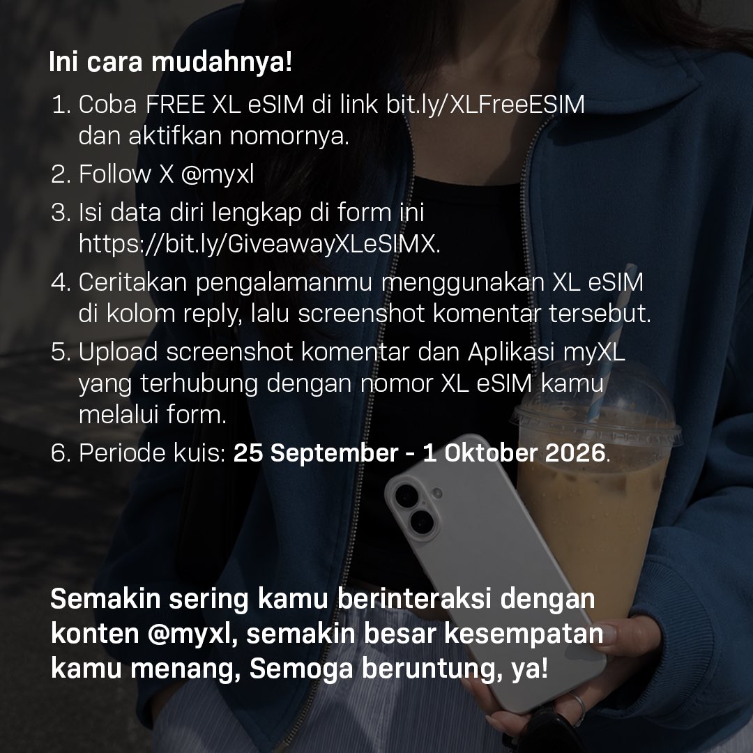 myXL's tweet photo. Sudah coba FREE XL eSIM? 

Saatnya kamu berkesempatan mendapatkan rewards spesial e-wallet total Rp1.500.000,- untuk 5 nomor beruntung! 

Ikuti cara mudahnya di utas tweet ini ya! https://t.co/Dl3NwJnBK8