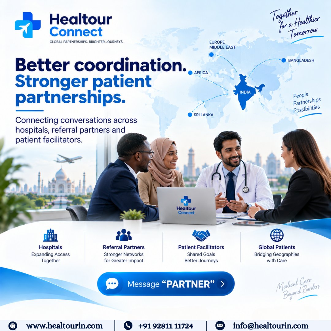 Healtourin's tweet photo. 🤝 Building stronger healthcare partnerships across borders.

🌍 Hospitals • Referral Partners • Patient Facilitators

💬 Message “PARTNER” to connect.

#HealtourConnect #HealthcarePartnerships #MedicalTourism #GlobalHealthcare https://t.co/LhtIeHaSSd