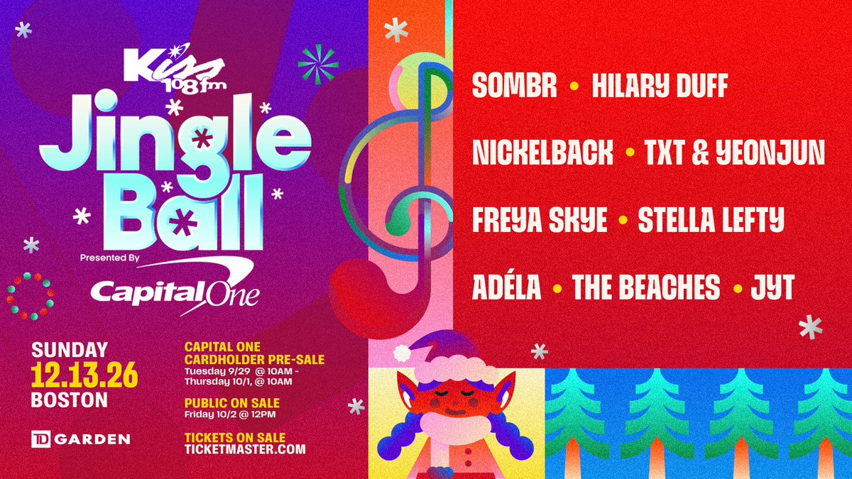 Kiss108's tweet photo. SO excited about #Kiss108JingleBall we could scream!!! ⁠
⁠
All these incredible performers will be there...⁠

⭐️ SOMBR⁠
⭐️ @HilaryDuff 
⭐️ @Nickelback 
⭐️ @TXT_bighit 
⭐️ Freya Skye⁠
⭐️ Stella Lefty⁠
⭐️ ADÉLA⁠
⭐️ The Beaches⁠
⭐️ JYT⁠
⁠
... will you? 👀⁠
⁠
🎟️ Get ticket info at https://t.co/shoEELgjof