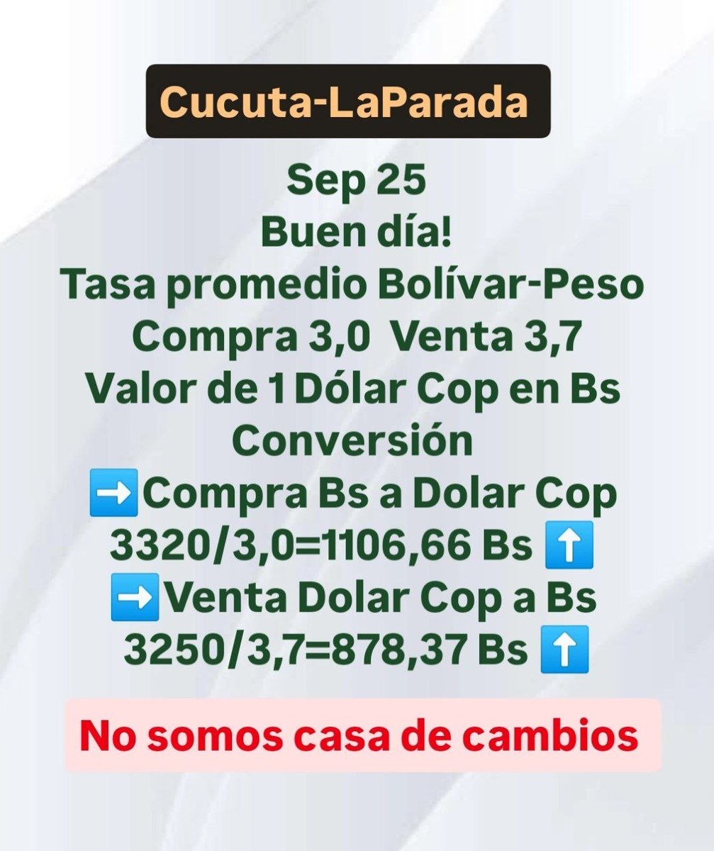 Cotizaciones_'s tweet photo. Buen día!
Tasa promedio relación Bolívar-Peso-Dolar-Euro acá en Cucuta-LaParada Colombia 
Únete a nuestro grupo de telegram 
https://t.co/5WTMKAXp2I
⚠️ No somos casa de cambios ⚠️ https://t.co/lVu8qLYTza