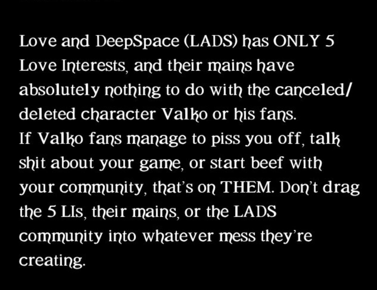 lemonwxo's tweet photo. To every other fandom who velcro virus cult has annoyed, respectfully, go argue with them, not lads/lads players. There is no character named "Velcro" in Love and Deepspace, and will never be. There are 5 LIs and the MC, thats all. Keep in mind, ladstwt is separated from velcro. https://t.co/qbGGr5OzGJ