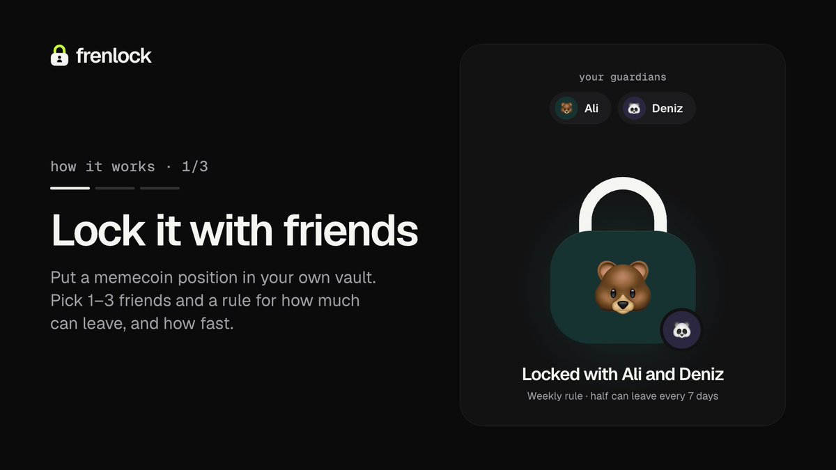 frenlockfun's tweet photo. how frenlock works, 1/3: lock it with friends.

your position stays in your own vault. you pick 1–3 friends and a rule for how much can leave, and how fast.

https://t.co/UVu3E9GgeE https://t.co/QNTy8LnwHY