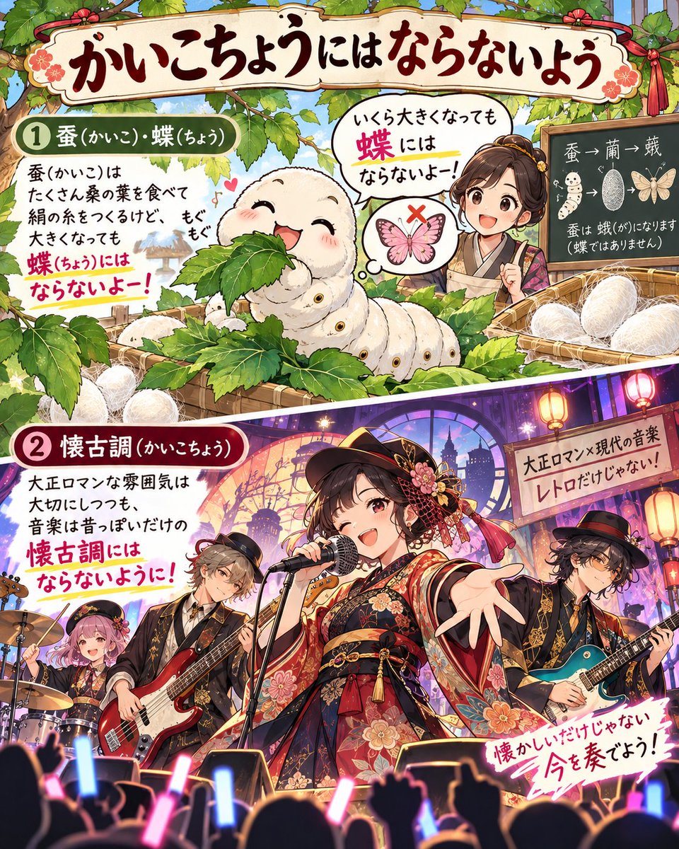 nazo_KAke002's tweet photo. なぞかけ#068
その絹糸を出す幼虫ね､桑の葉をいっぱい与えても成長したら蛾になるよ
とかけまして

コスチュームや歌詞は大正時代を意識､でもメロディーは今風をモットーとするバンド
とときます

そのココロは
かいこちょうにはならないよう
(蚕､蝶にはならないよー/懐古調にはならないよう) https://t.co/pQ0usjpQ5q