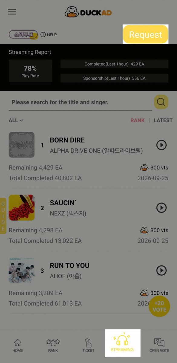 nctwishvoting's tweet photo. [STREAMING SUPPORT] : DUCKAD
We won and secured extra streams🎉
This is just the beginning and a good warmup, voting ahead will get even tougher. Follow this guide to add more streaming points! 👇

🎧 STREAMING REQUEST & SPONSOR 
1. Go to the STREAMING menu and Request.
2. Enter NCT WISH and I SPY, then Request.   
3. Once 'I SPY' is added, use your remaining votes to sponsor streams on your preferred platform.

☆ 1 Sponsorship = 500 votes   
☆ Other fandoms will stream 'I SPY' to earn votes, which helps boost our streaming numbers!

#엔시티위시 #NCTWISH #ISPY