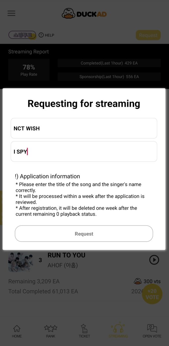nctwishvoting's tweet photo. [STREAMING SUPPORT] : DUCKAD
We won and secured extra streams🎉
This is just the beginning and a good warmup, voting ahead will get even tougher. Follow this guide to add more streaming points! 👇

🎧 STREAMING REQUEST & SPONSOR 
1. Go to the STREAMING menu and Request.
2. Enter NCT WISH and I SPY, then Request.   
3. Once 'I SPY' is added, use your remaining votes to sponsor streams on your preferred platform.

☆ 1 Sponsorship = 500 votes   
☆ Other fandoms will stream 'I SPY' to earn votes, which helps boost our streaming numbers!

#엔시티위시 #NCTWISH #ISPY